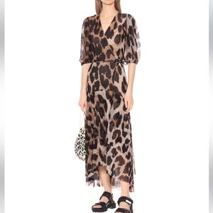 Ganni mesh wrap dress in leopard